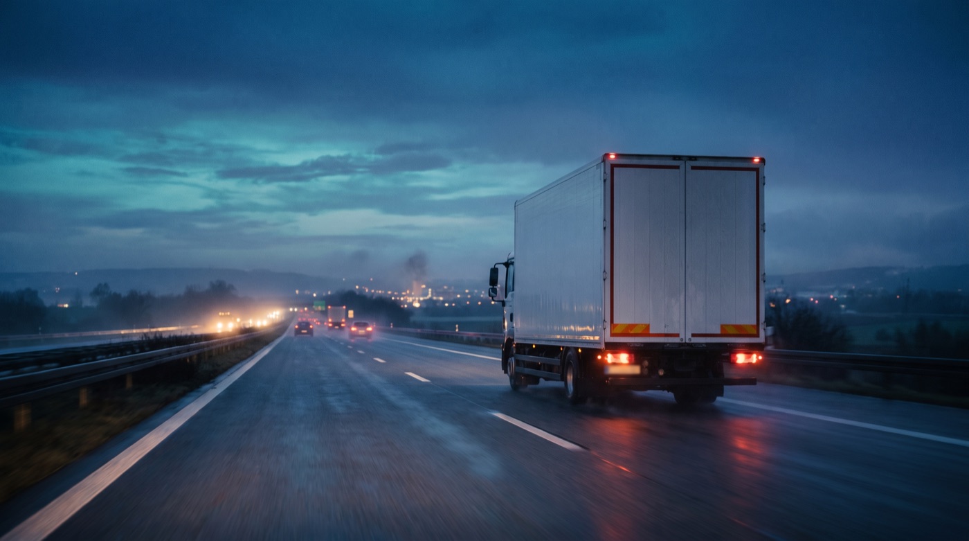 Weißer 18-Tonner einer Spedition auf der Autobahn zur blauen Stunde